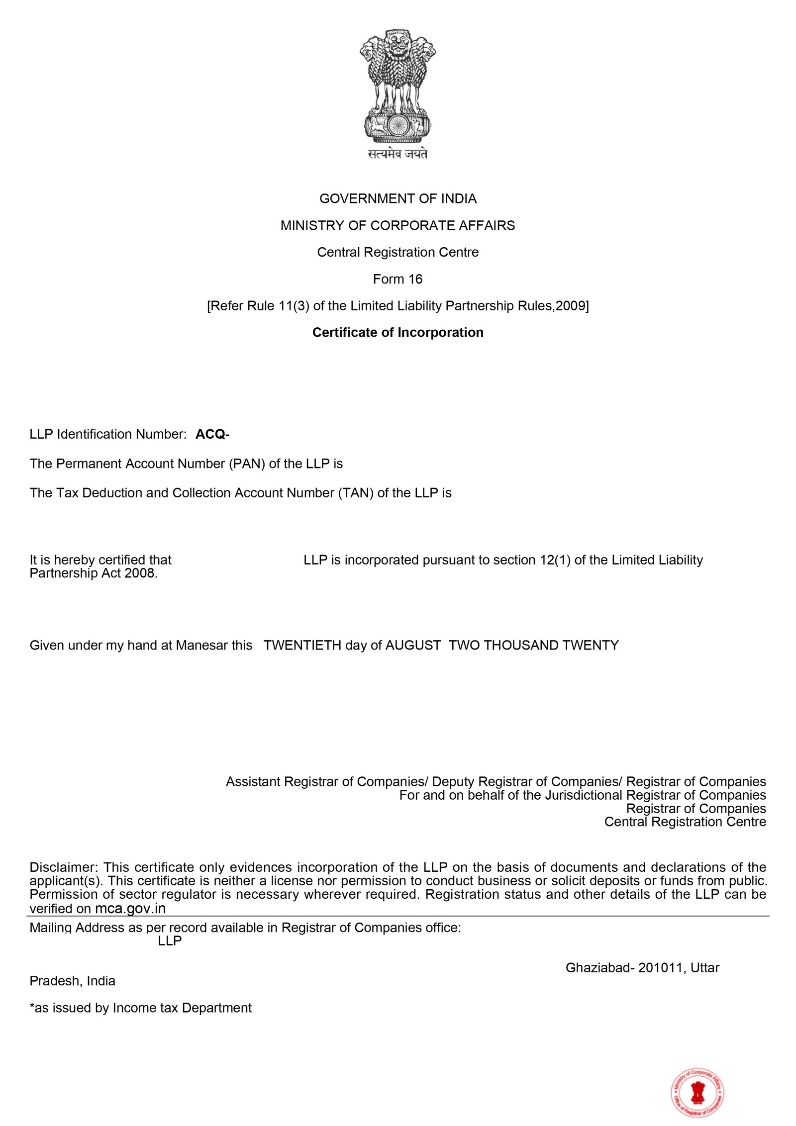 Sample Certificate of Incorporation for LLP