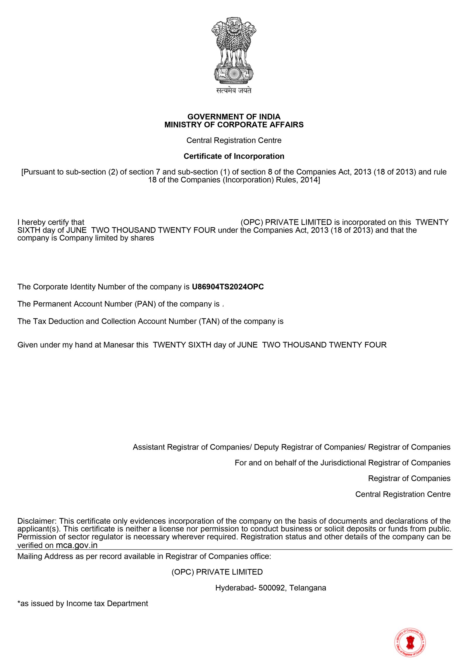 Sample Certificate of Incorporation for OPC