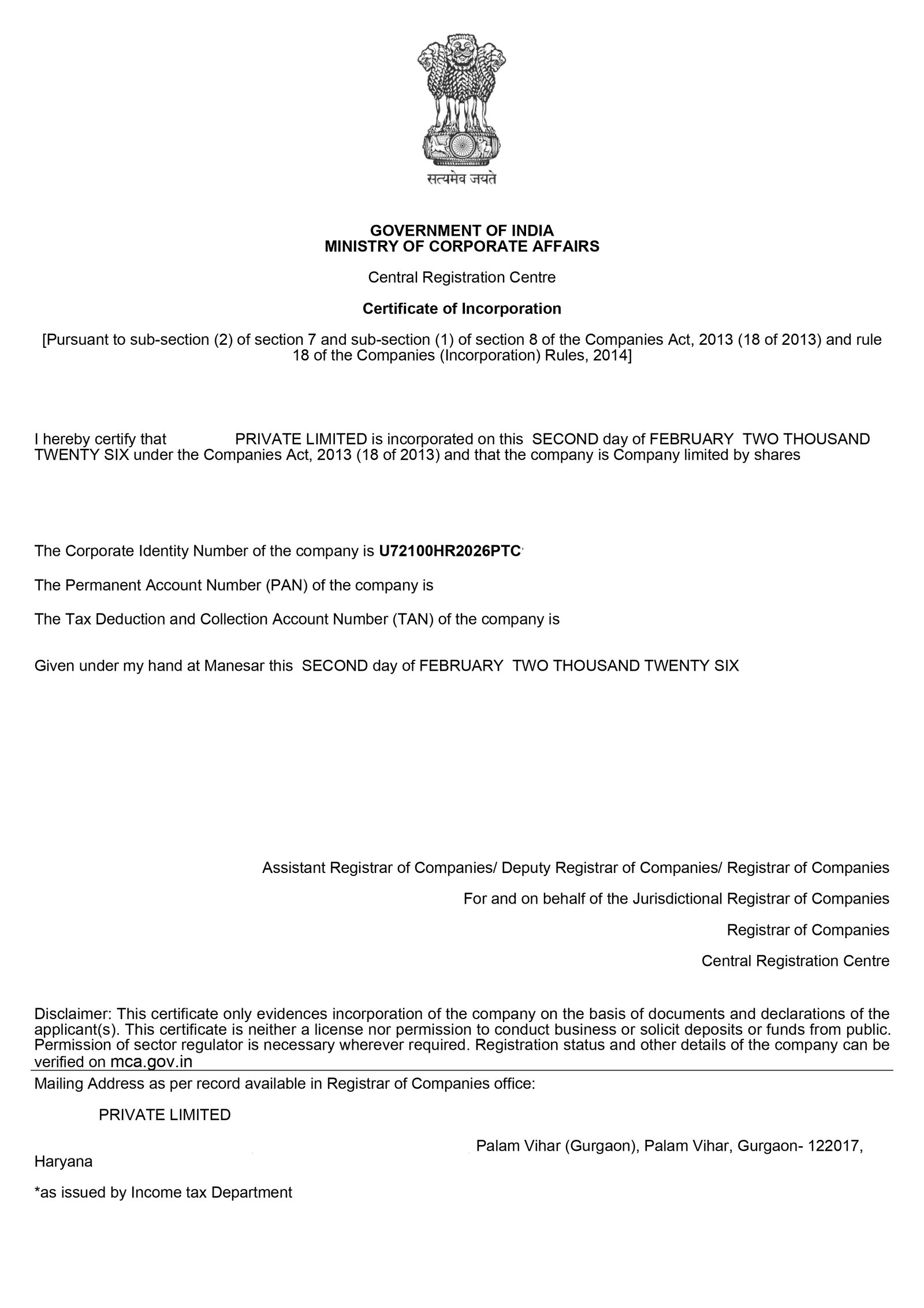 Sample Certificate of Incorporation